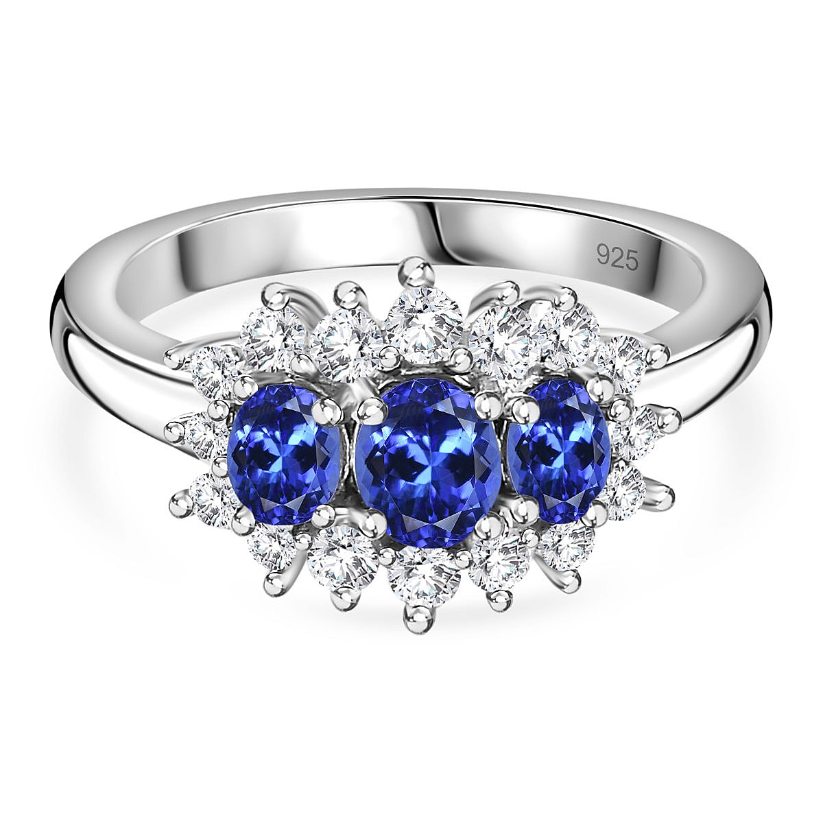 Tanzanite ,  White Zircon  Main Stone With Side Stone Ring in Platinum Overlay Sterling Silver 1.34 ct  1.306  Ct.