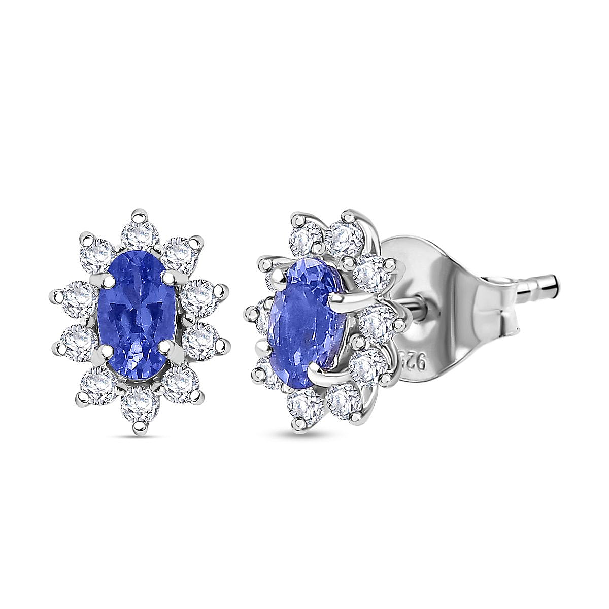 Tanzanite & Natural Zircon Floral Stud Earrings in Platinum Overlay Sterling Silver