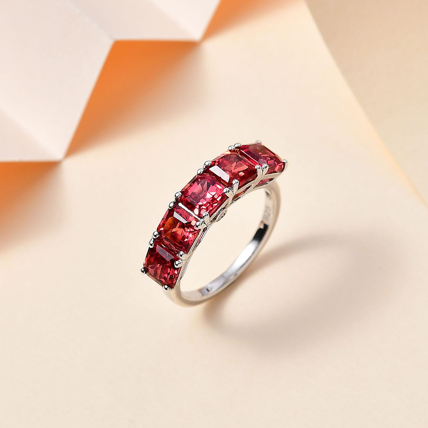 Lab Created Padparadscha Sapphire & Natural Zircon 7 Stone Band Ring in Platinum Overlay Sterling Silver 4.54 Ct