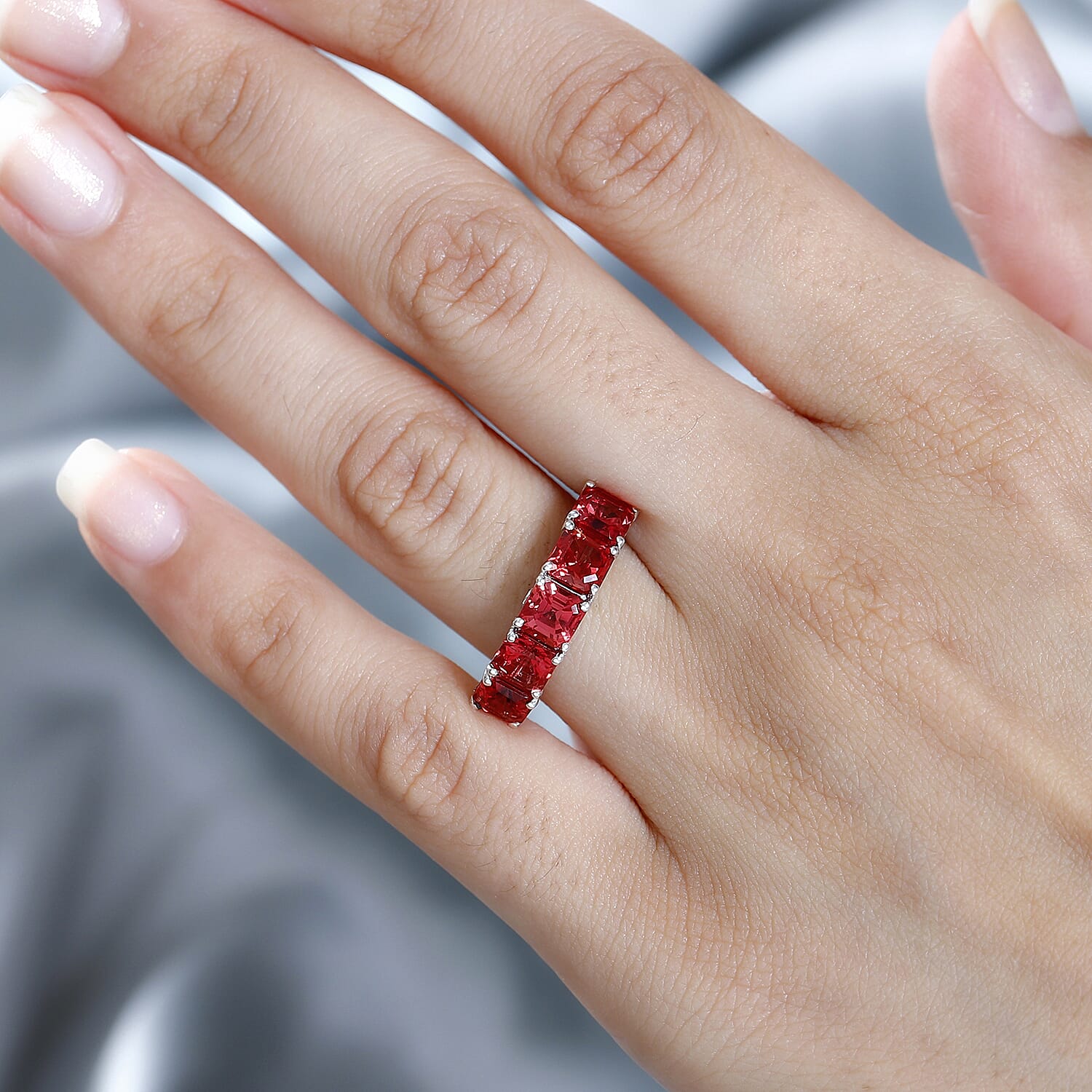 Lab Created Padparadscha Sapphire & Natural Zircon 7 Stone Band Ring in Platinum Overlay Sterling Silver 4.54 Ct