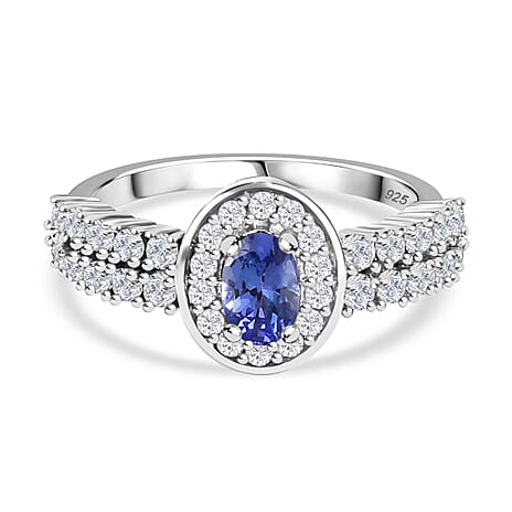 AAA Tanzanite & Natural Zircon Halo Ring in Platinum Overlay Sterling Silver 1.35 Ct