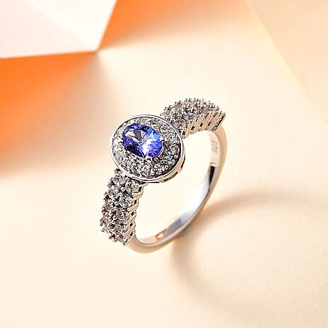 AAA Tanzanite & Natural Zircon Halo Ring in Platinum Overlay Sterling Silver 1.35 Ct