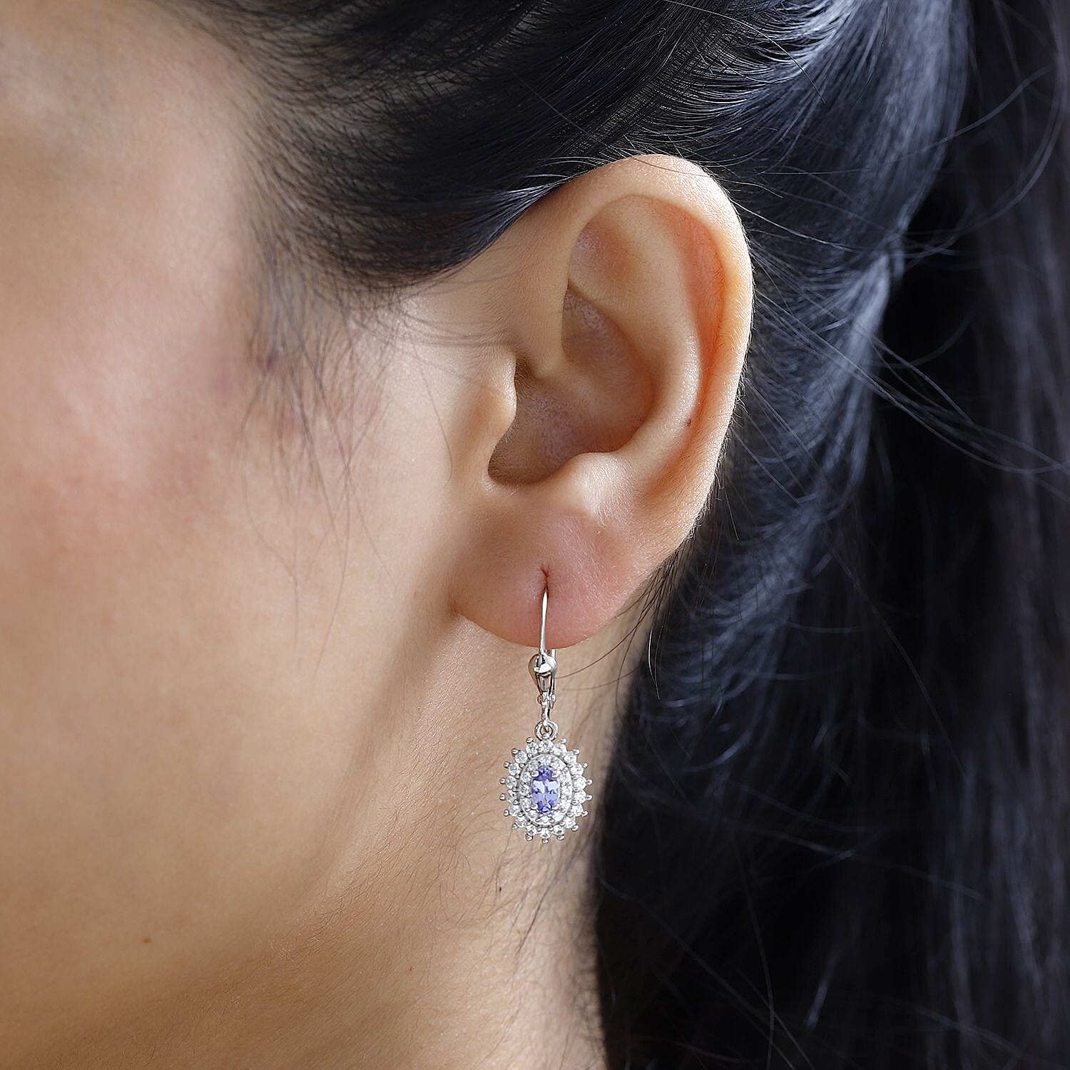 Premium Tanzanite & Natural Zircon Lever Back Earrings in Platinum Overlay Sterling Silver 1.43 Ct.
