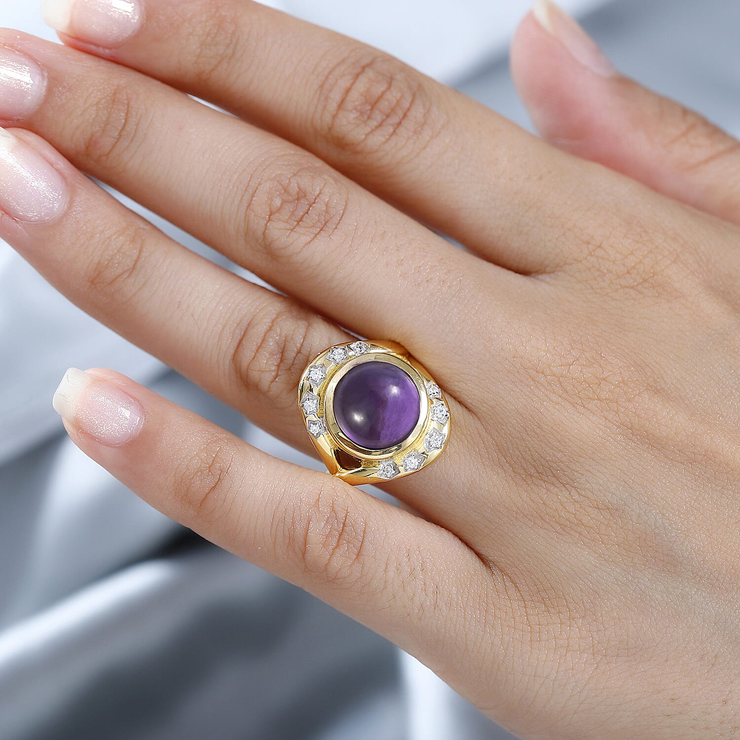 GP Celestial Dream Collection - Amethyst & Natural Zircon Ring in 18K Vermeil YG Plated Sterling Silver 7.37 Ct, Silver Wt. 6.90 Gms