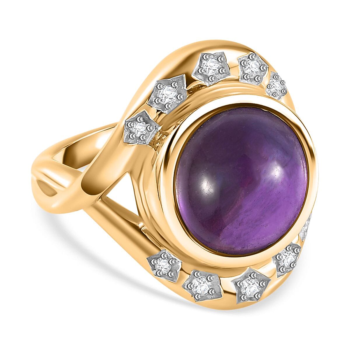 GP Celestial Collection - Amethyst and Natural Zircon Solitaire Ring in 18K Vermeil Yellow Gold Plated Sterling Silver 7.32 Ct, Silver Wt. 6.90 Gms