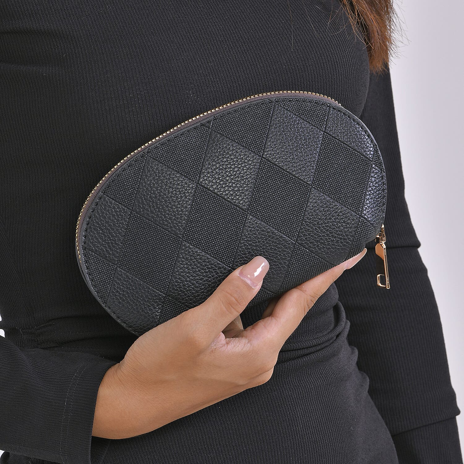 Leatherette Embossed Rhomboid Pattern Crossbody Bag with Coin Bag - Black