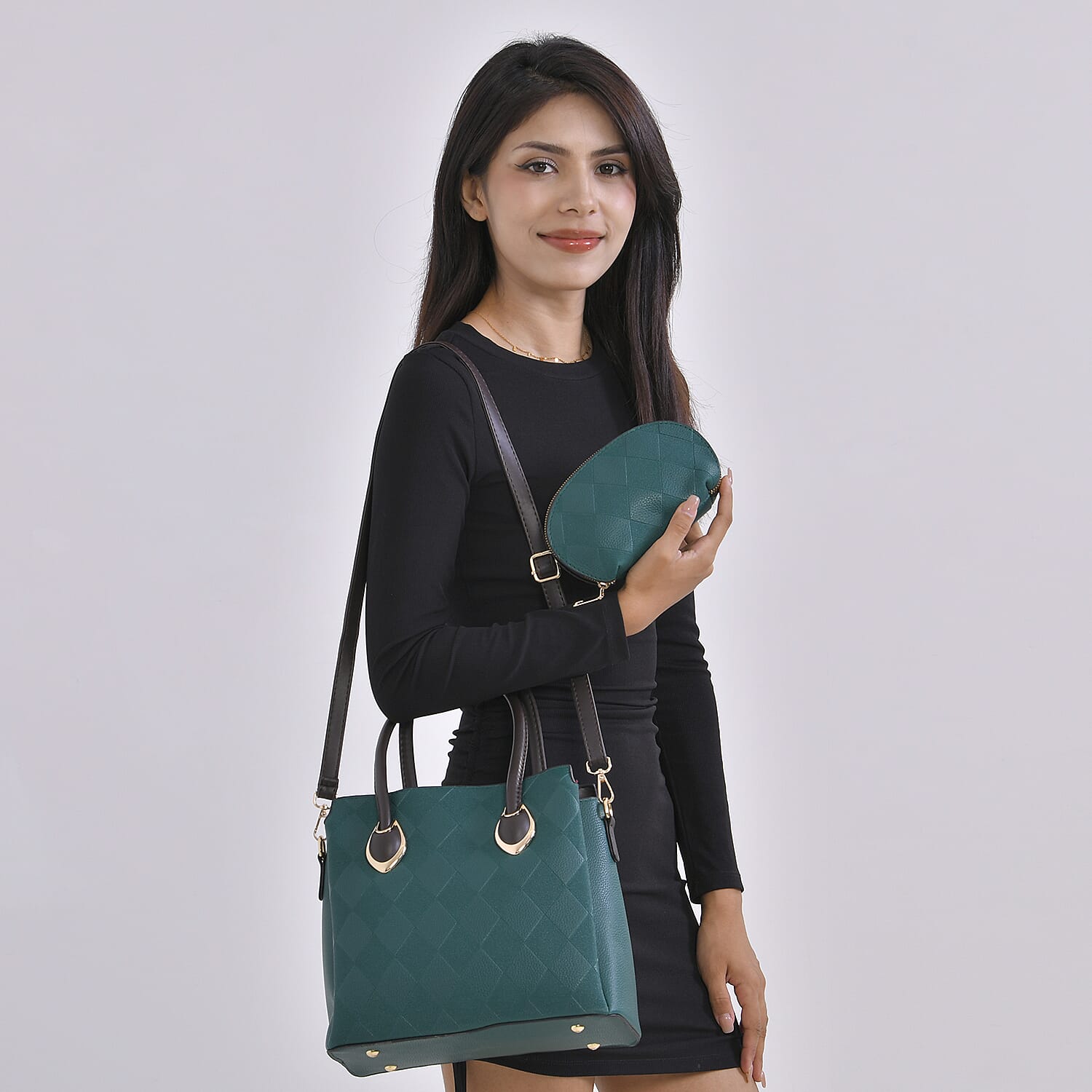 PU Embossed Crossbody Bag (Size 28x12x25 cm) - Green & Black