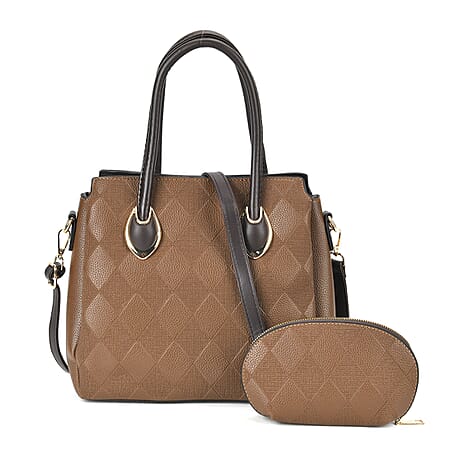 Leatherette Embossed Rhomboid Pattern Crossbody Bag with Coin Bag - Brown