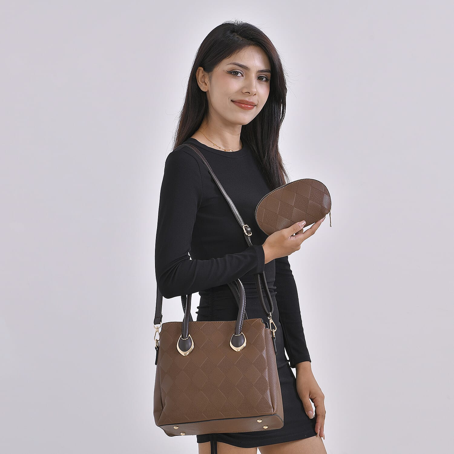 Embossed Rhomboid Handbag with Detachable Shoulder Strap - Coin Bag - Brown