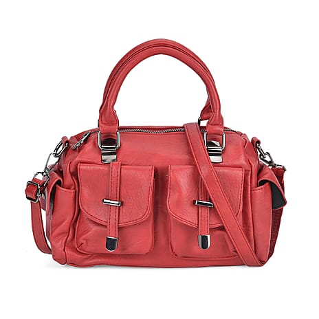 Multi-Pocket Handbag with Detachable Shoulder Strap - Red