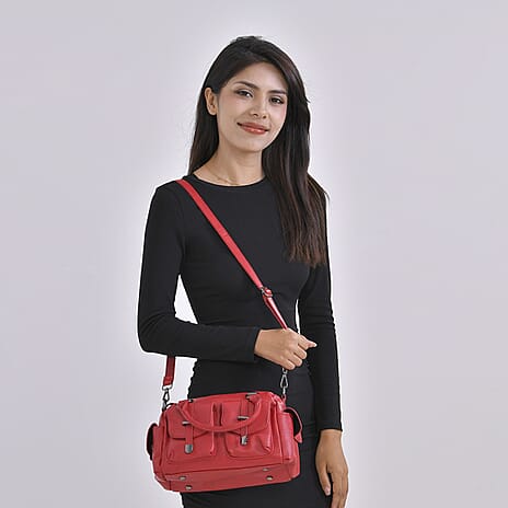 Multi-Pocket Handbag with Detachable Shoulder Strap - Red
