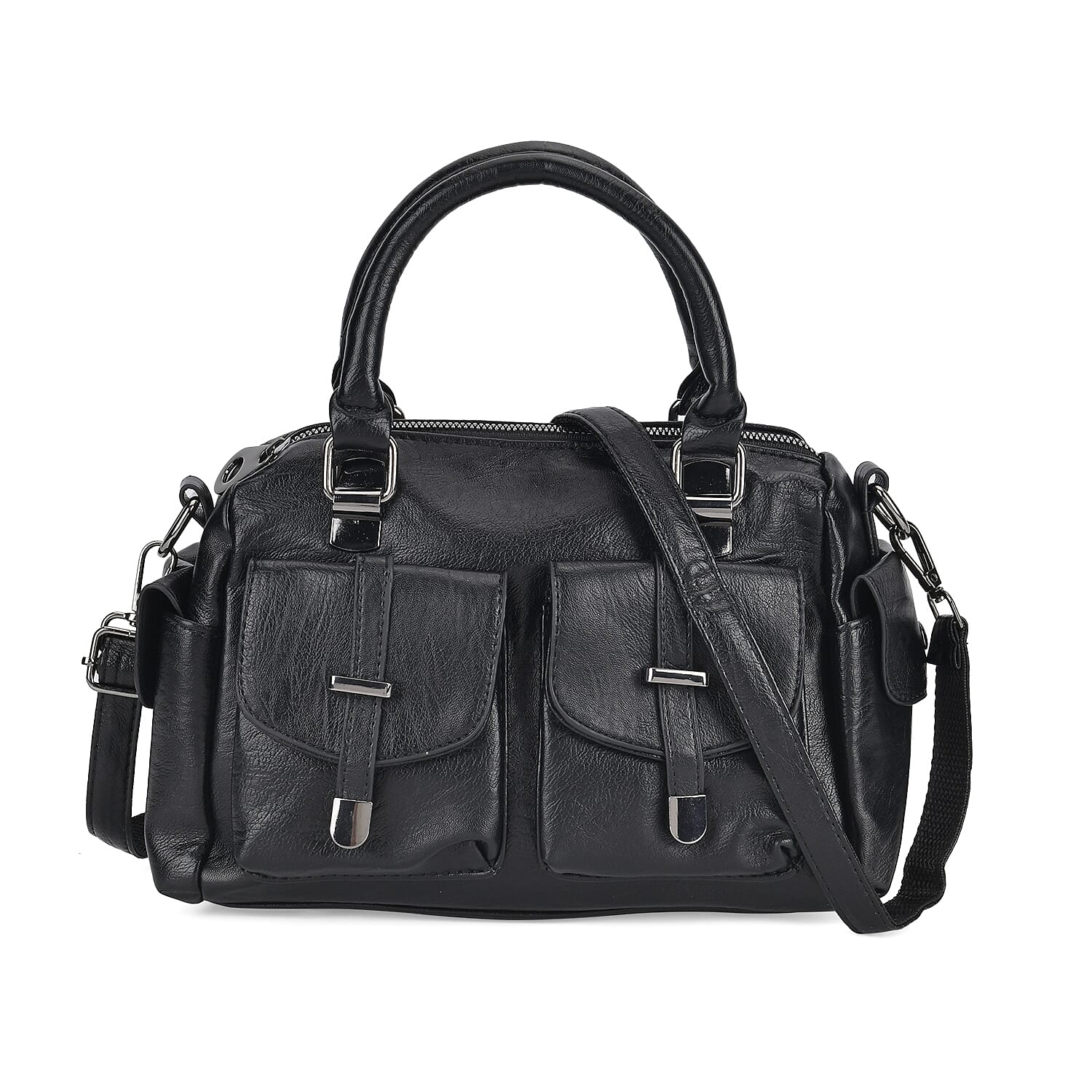 Multi-Pocket Handbag with Detachable Shoulder Strap - Black