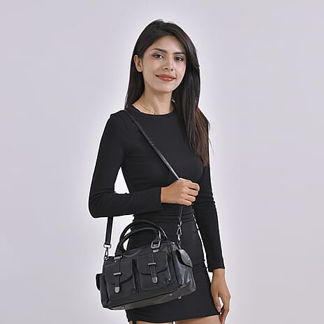 Multi-Pocket Handbag with Detachable Shoulder Strap - Black