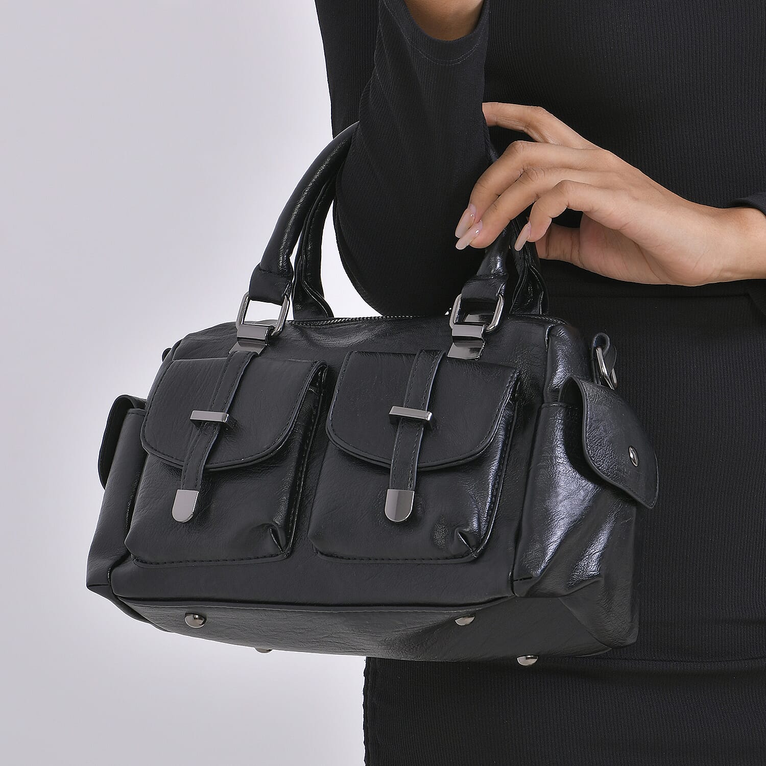 Multi-Pocket Handbag with Detachable Shoulder Strap - Black