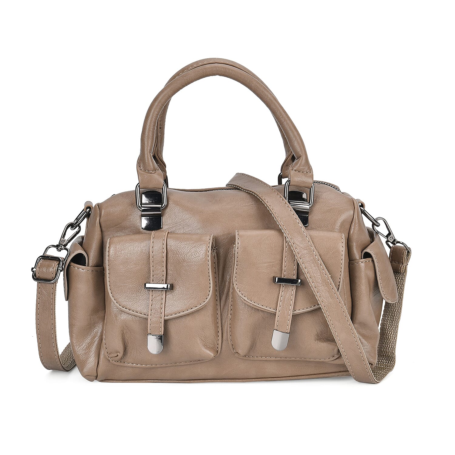 Multi-Pocket Handbag with Detachable Shoulder Strap - Khaki