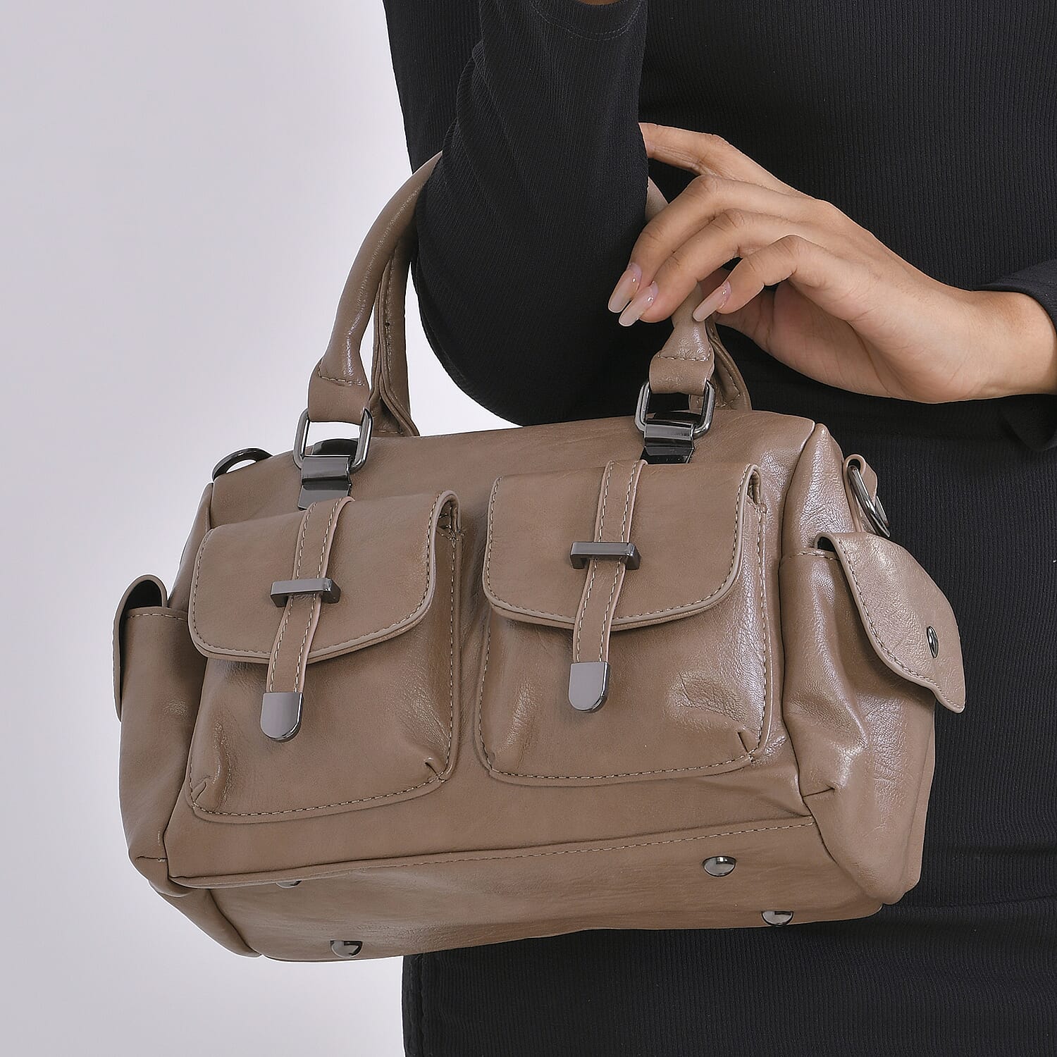 Multi-Pocket Handbag with Detachable Shoulder Strap - Khaki