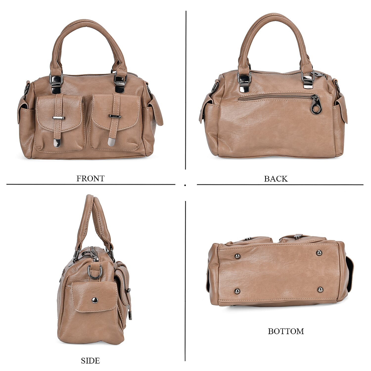 Multi-Pocket Handbag with Detachable Shoulder Strap - Khaki