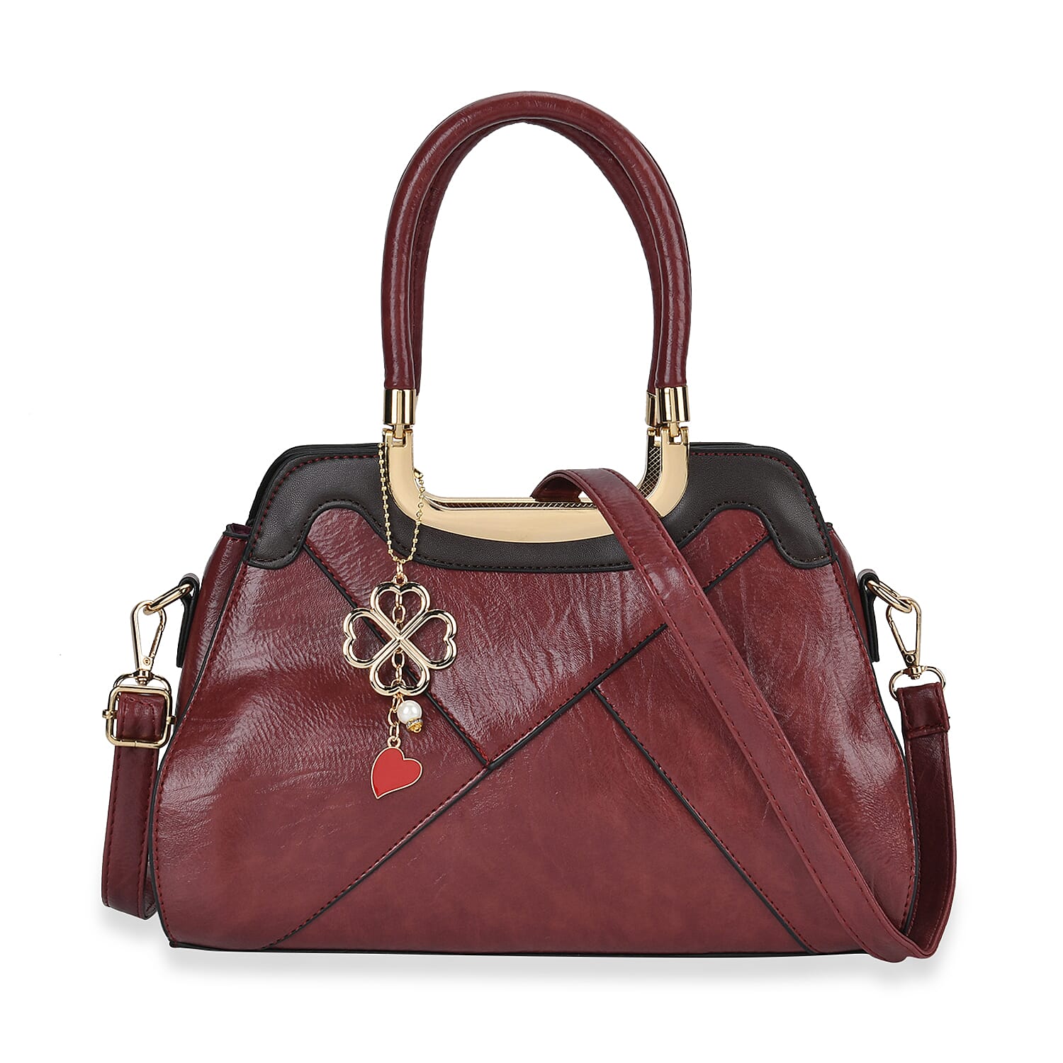 Leatherette Crossbody Bag with Four-Leaf Clover Hanging - Burgundy