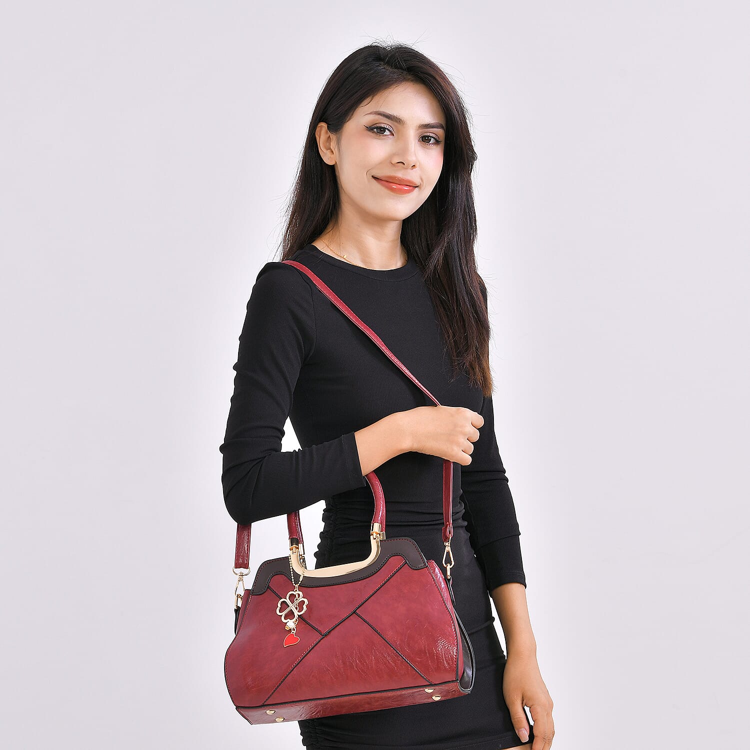 Leatherette Crossbody Bag with Four-Leaf Clover Hanging - Burgundy