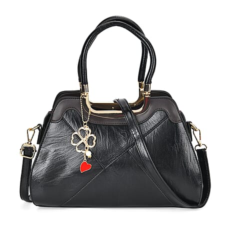 Leatherette Crossbody Bag with Four-Leaf Clover Hanging - Black