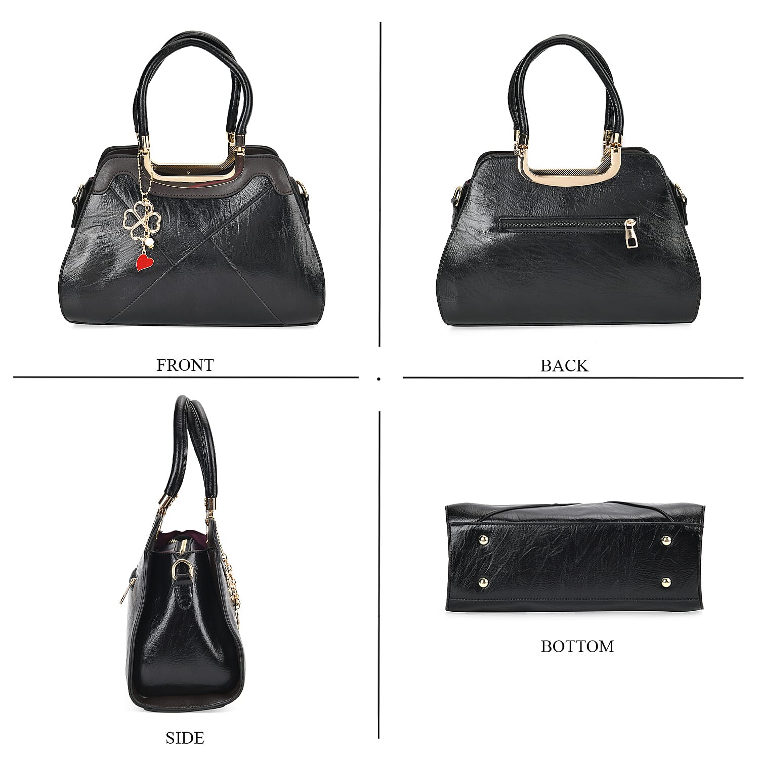 Leatherette Crossbody Bag with Four-Leaf Clover Hanging - Black