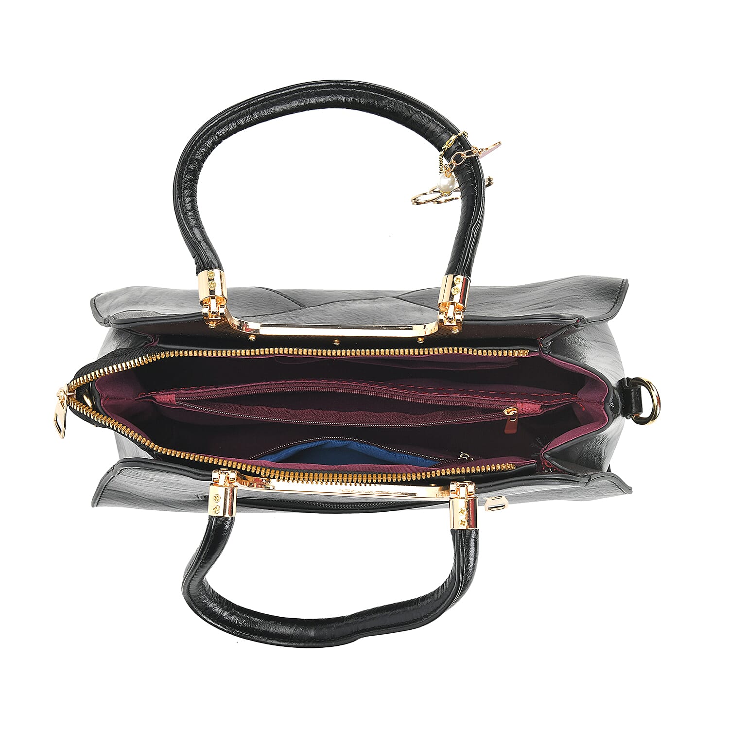 Leatherette Crossbody Bag with Four-Leaf Clover Hanging - Black