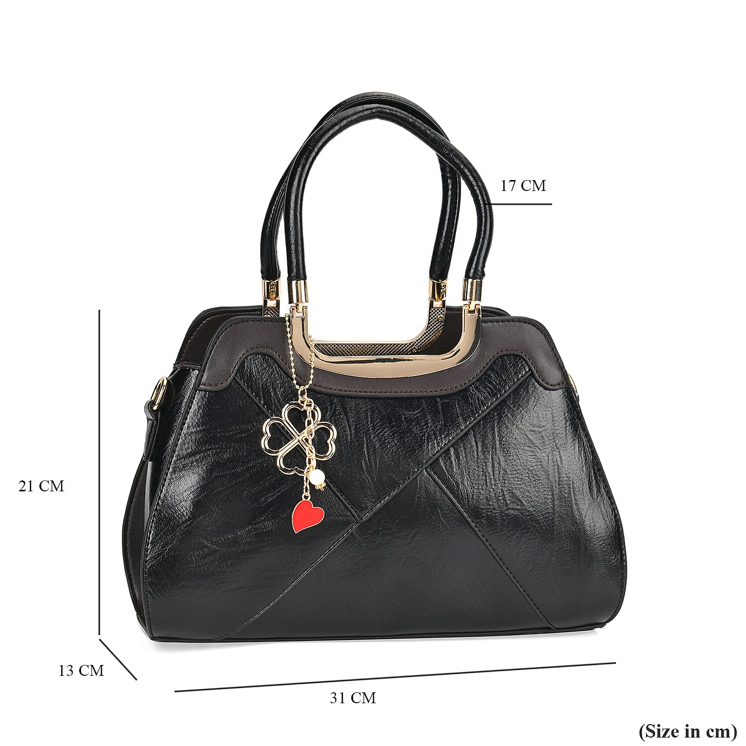 Leatherette Crossbody Bag with Four-Leaf Clover Hanging - Black