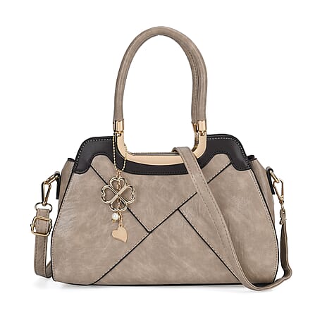 Leatherette Crossbody Bag with Four-Leaf Clover Hanging - Khaki