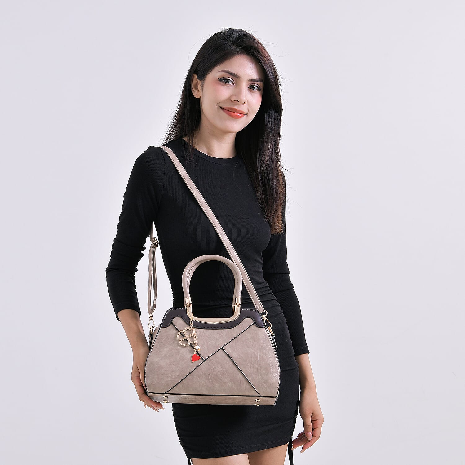 Leatherette Crossbody Bag with Four-Leaf Clover Hanging - Khaki