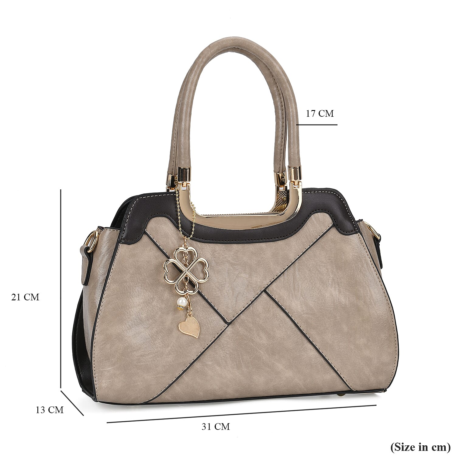 Leatherette Crossbody Bag with Four-Leaf Clover Hanging - Khaki