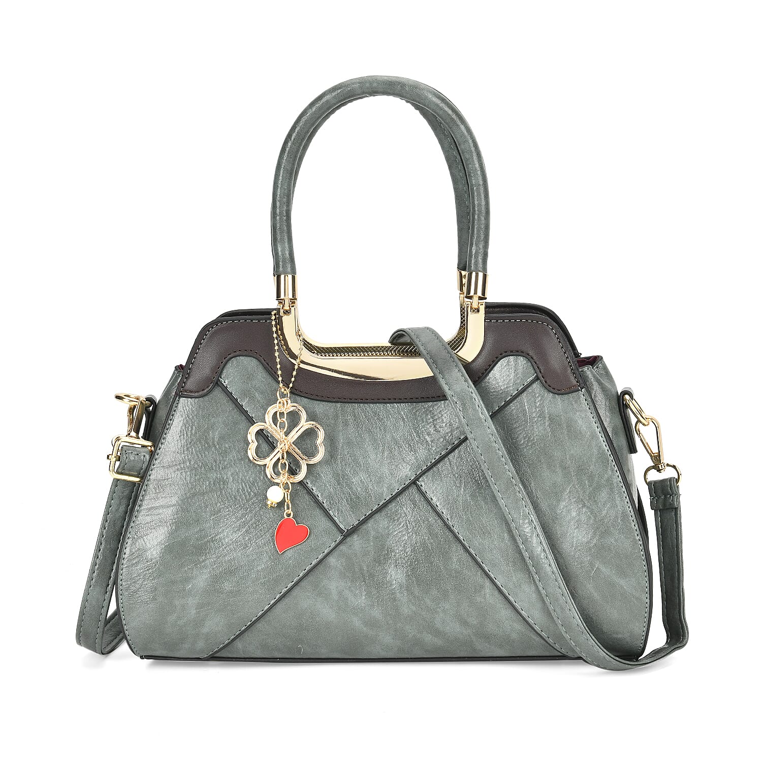 Leatherette Crossbody Bag with Four-Leaf Clover Hanging - Green