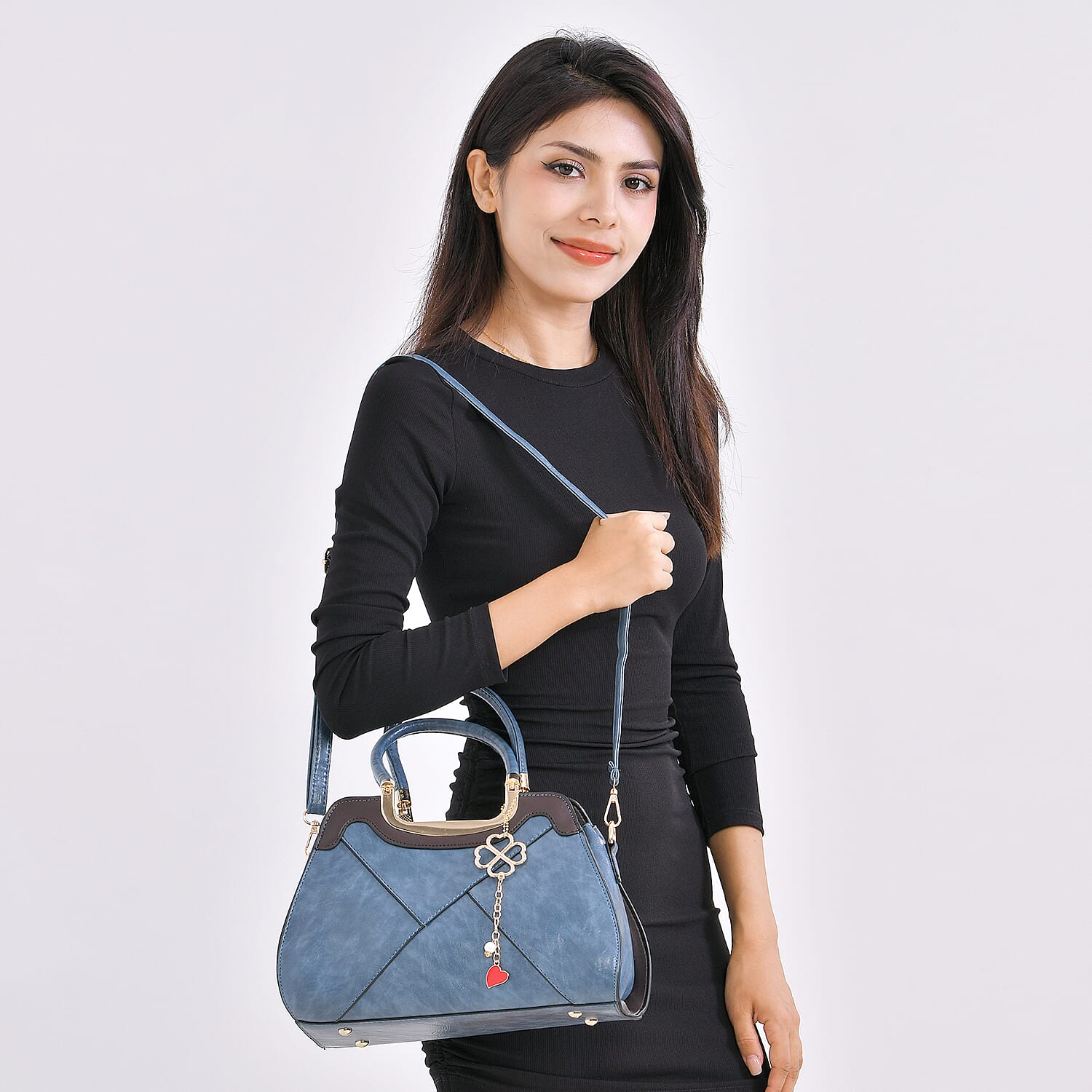 Leatherette Crossbody Bag with Four-Leaf Clover Hanging - Blue