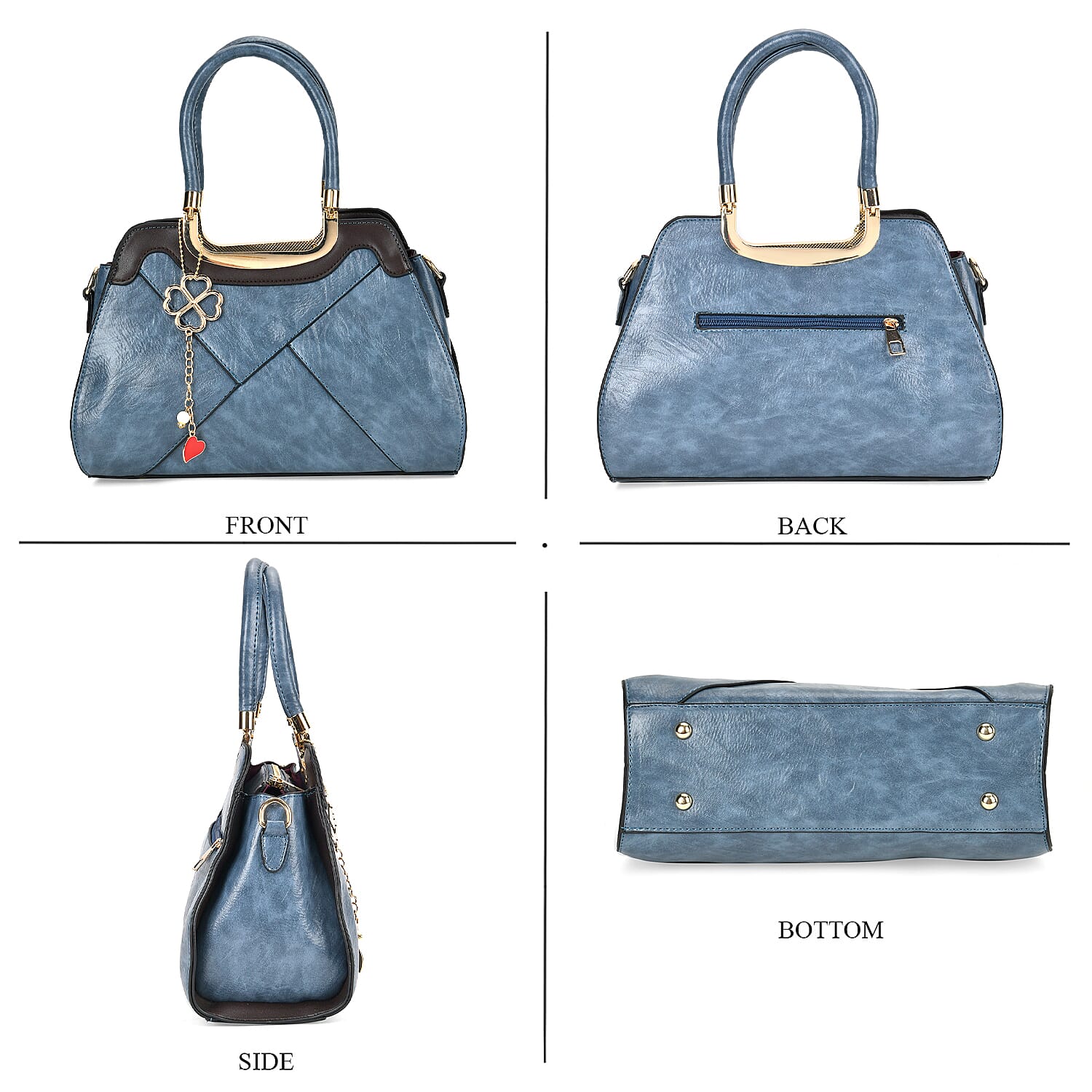 Leatherette Crossbody Bag with Four-Leaf Clover Hanging - Blue