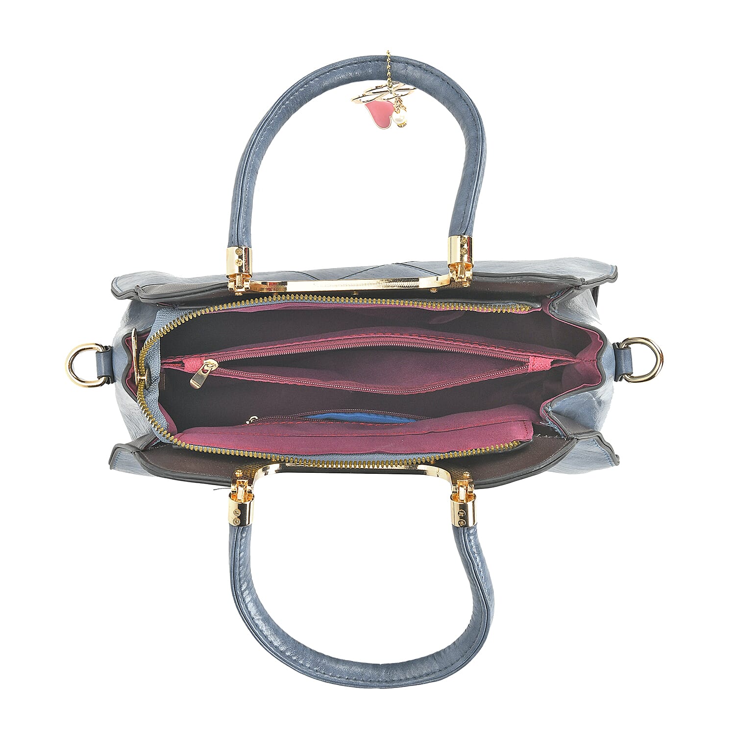 Leatherette Crossbody Bag with Four-Leaf Clover Hanging - Blue