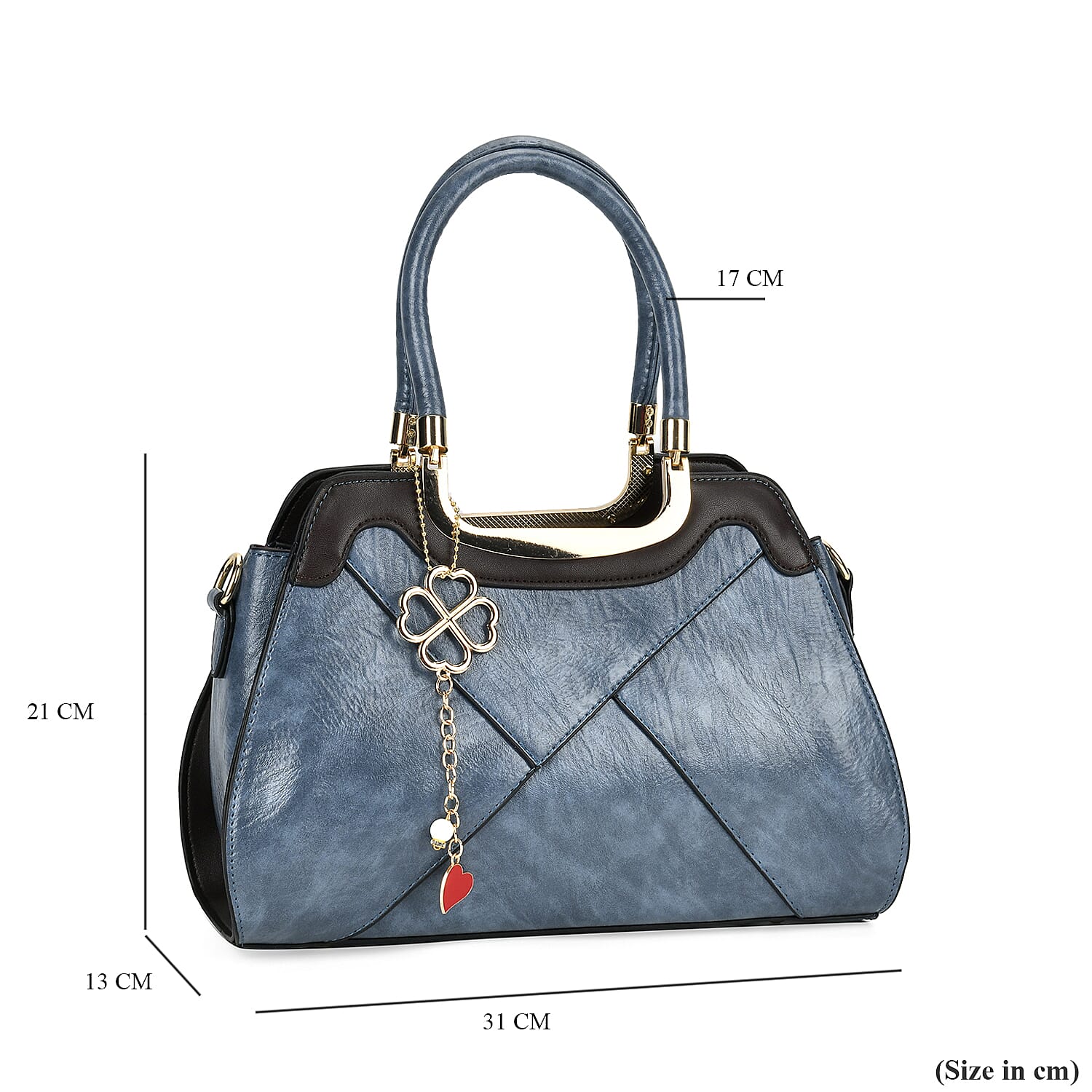 Leatherette Crossbody Bag with Four-Leaf Clover Hanging - Blue