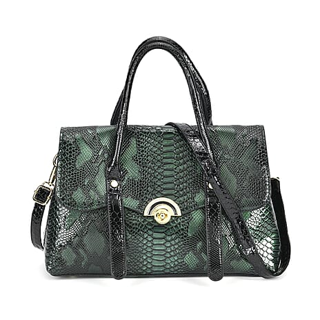Designer Inspired- Elegant Snake-Print Embossed Satchel Handbag - Grey
