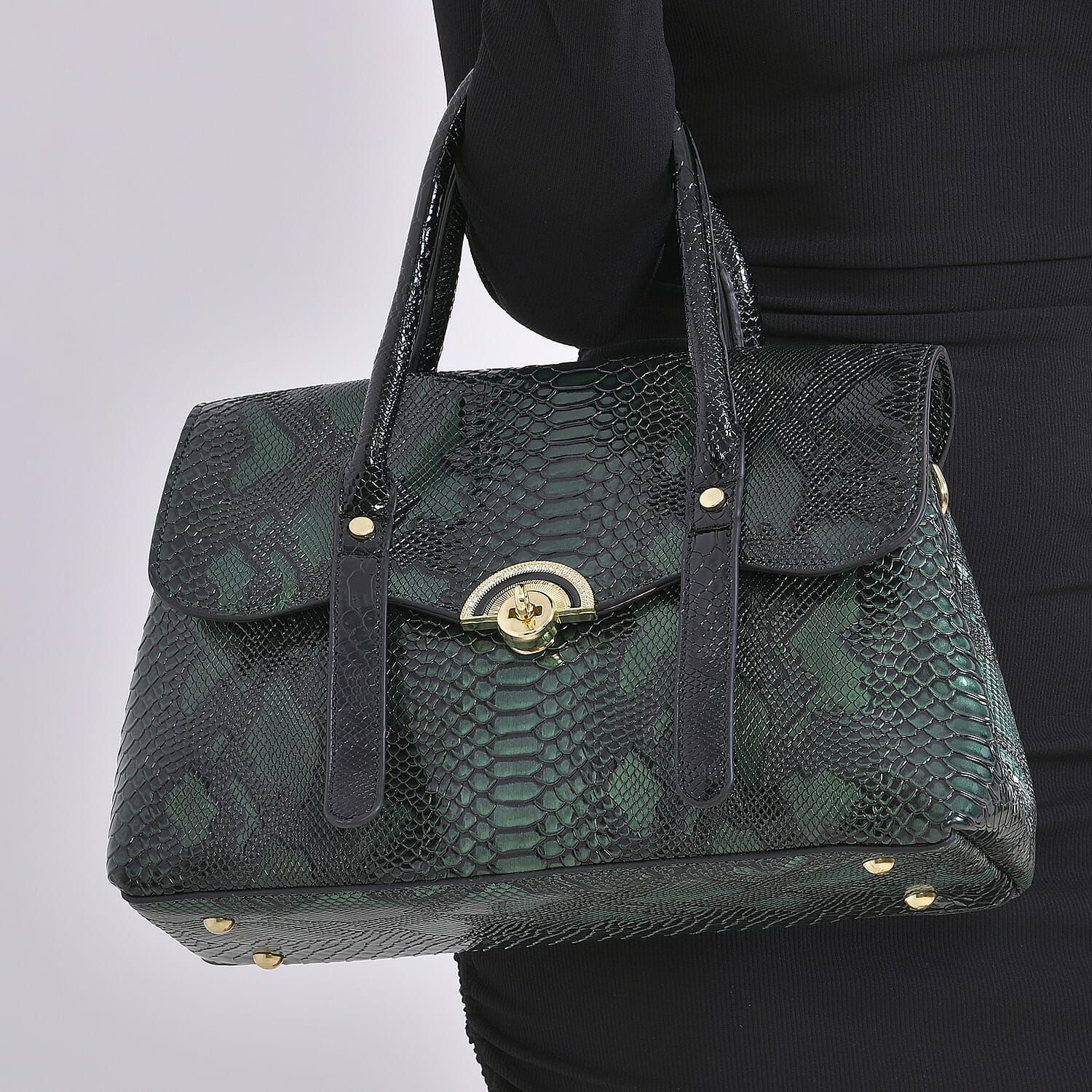 Designer Inspired- Elegant Snake-Print Embossed Satchel Handbag - Grey