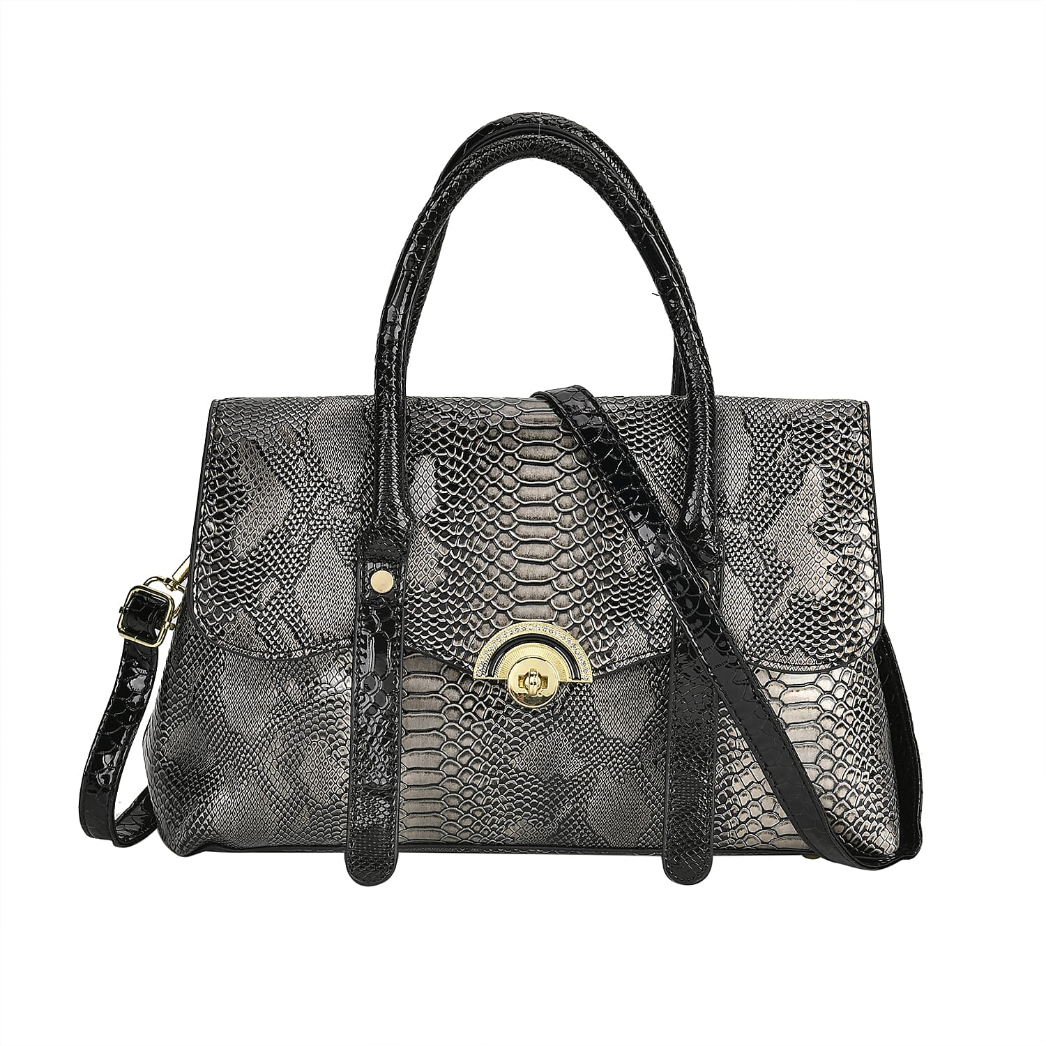 Designer Inspired- Elegant Snake-Print Embossed Satchel Handbag - Grey