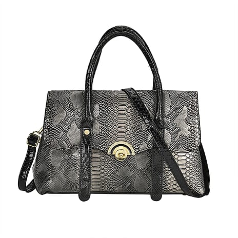 Designer Inspired- Elegant Snake-Print Embossed Satchel Handbag - Grey
