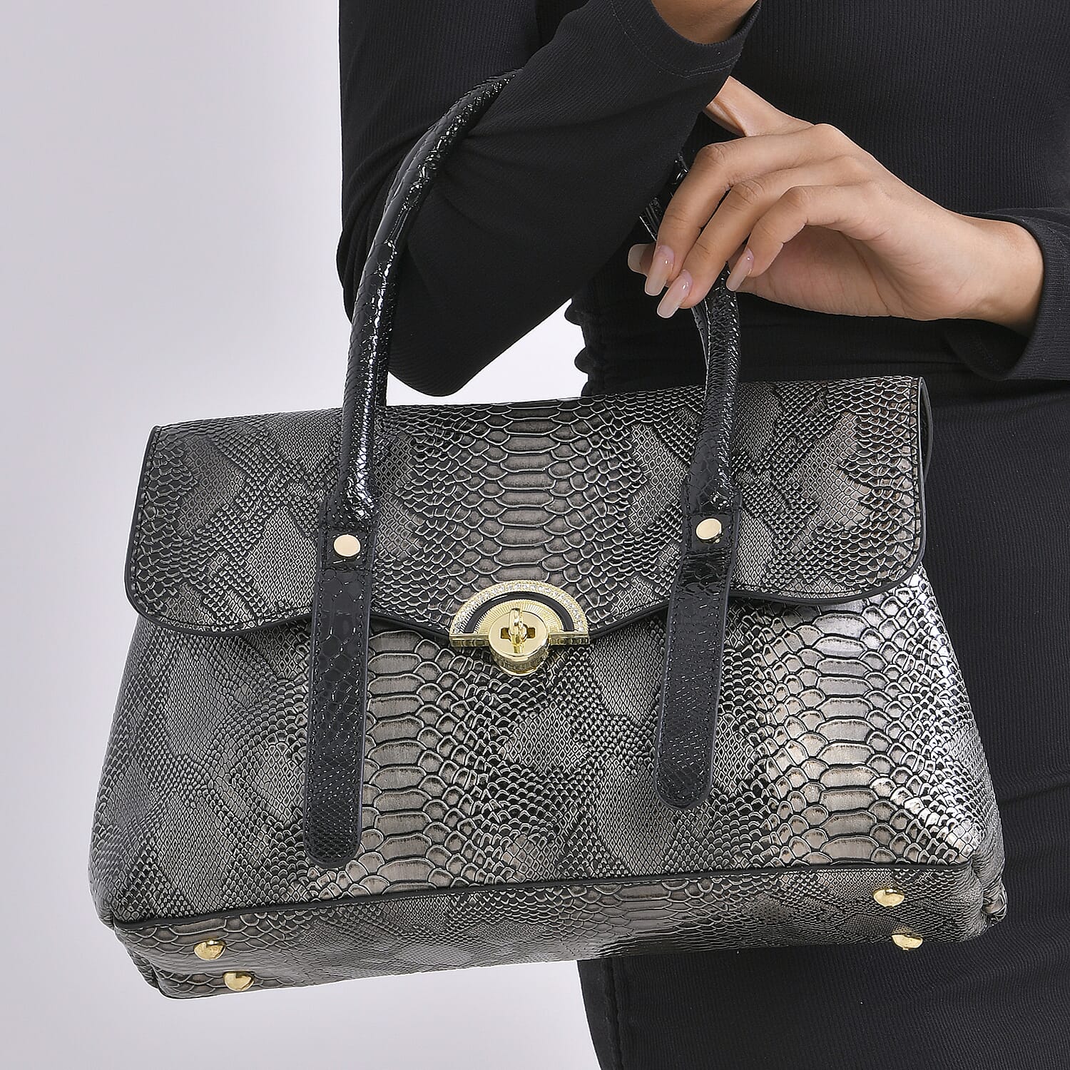 Designer Inspired- Elegant Snake-Print Embossed Satchel Handbag - Grey