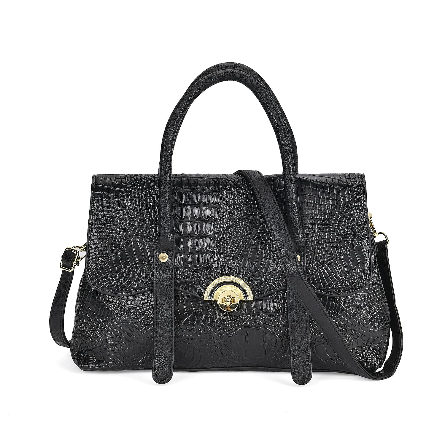 Designer Inspired- Elegant Croc-Embossed Satchel Handbag - Black