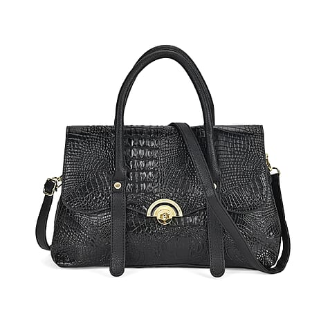 Designer Inspired- Elegant Croc-Embossed Satchel Handbag - Black