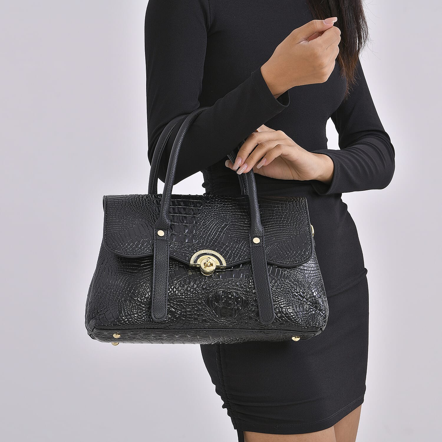 Designer Inspired- Elegant Croc-Embossed Satchel Handbag - Black