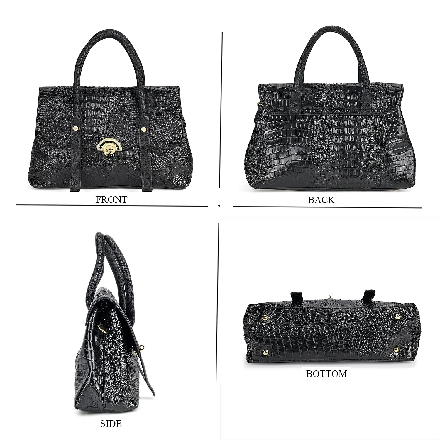 Designer Inspired- Elegant Croc-Embossed Satchel Handbag - Black