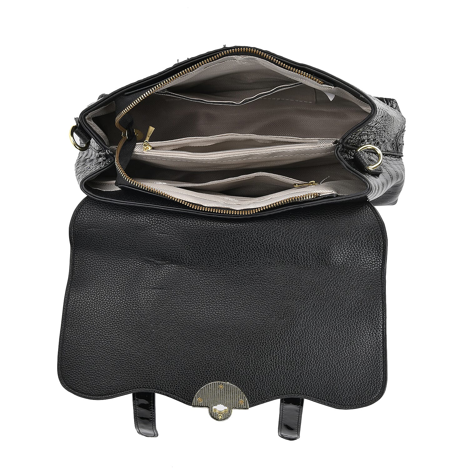 Designer Inspired- Elegant Croc-Embossed Satchel Handbag - Black