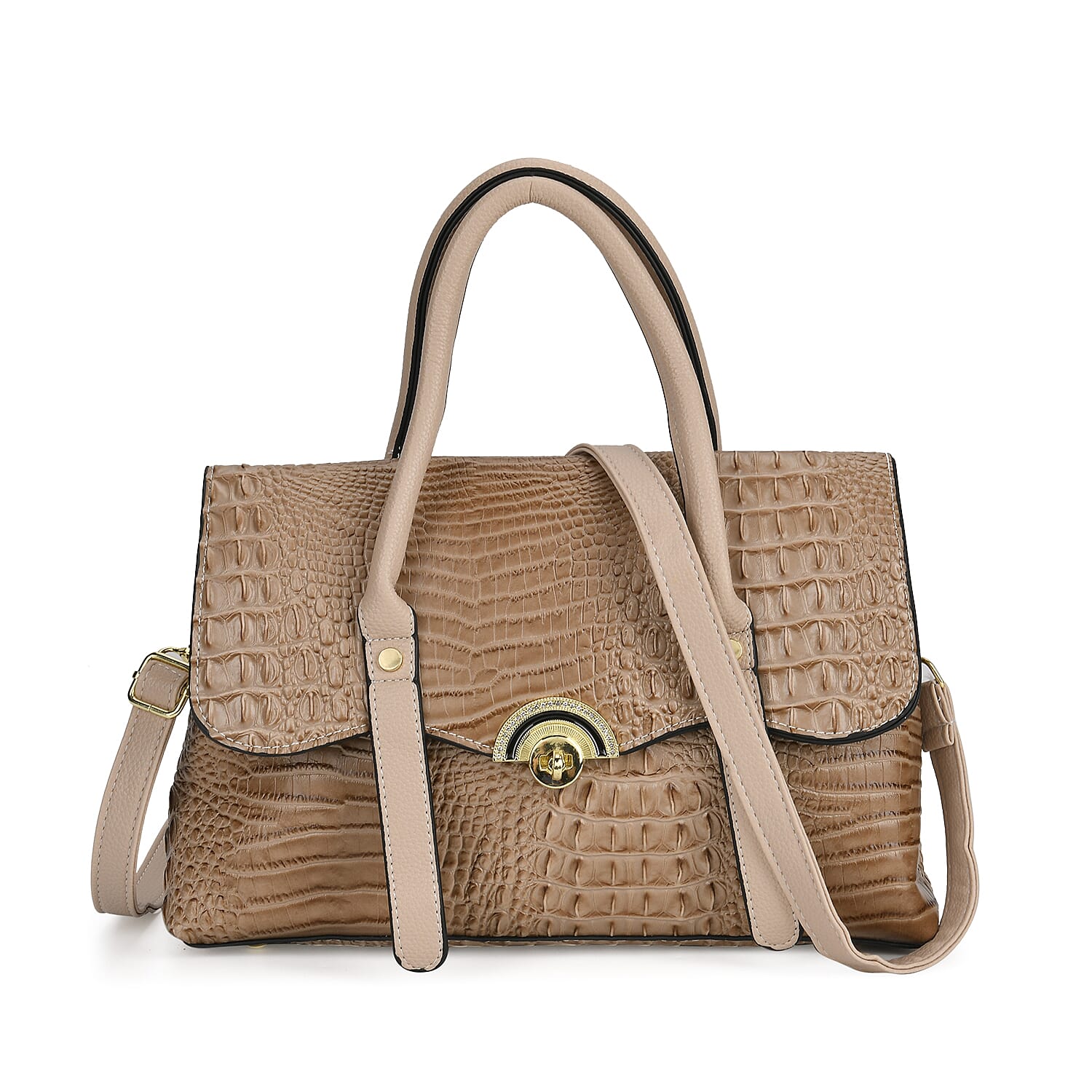 Designer Inspired Elegant Croc-Embossed Satchel Handbag - Khaki