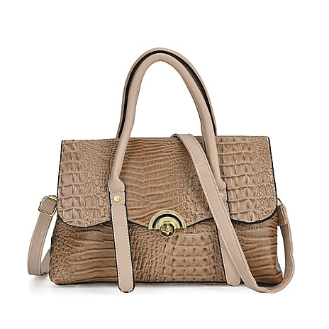 Designer Inspired Elegant Croc-Embossed Satchel Handbag - Khaki