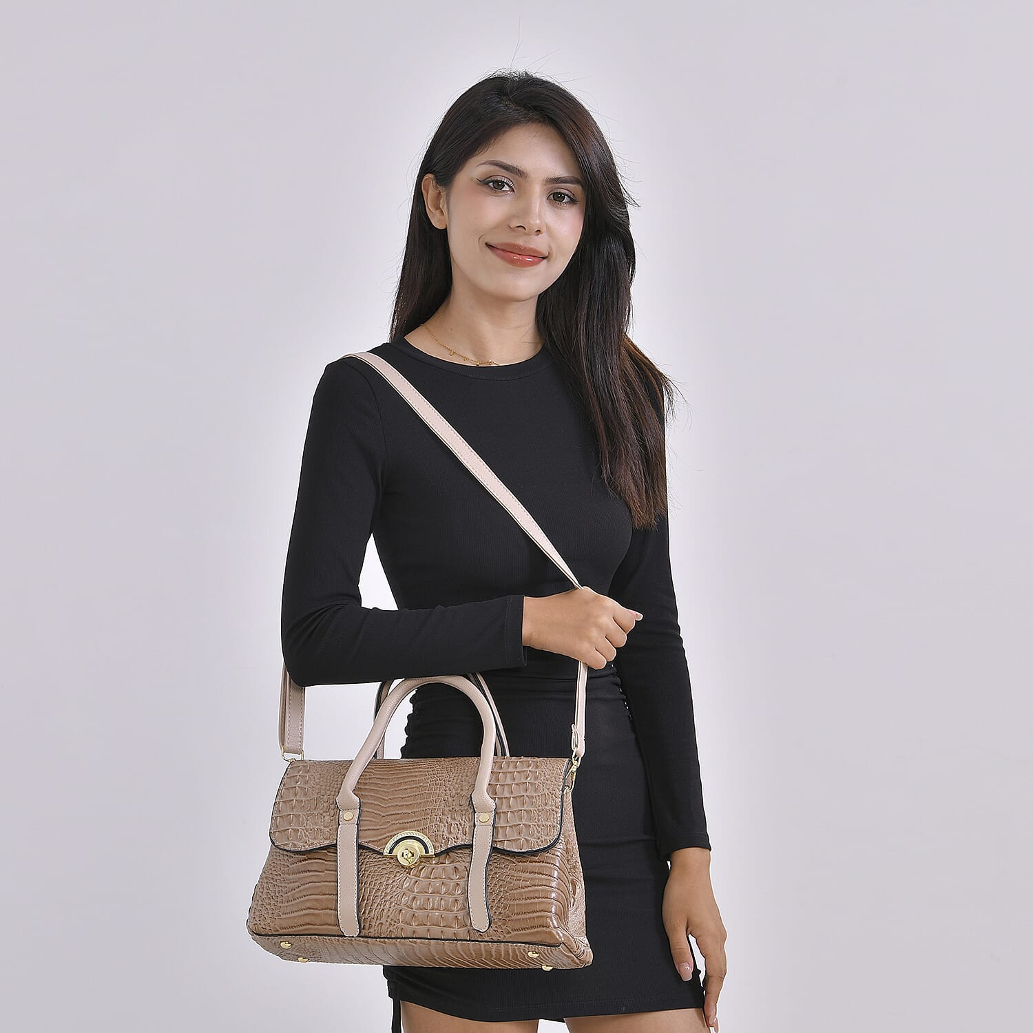 Designer Inspired Elegant Croc-Embossed Satchel Handbag - Khaki