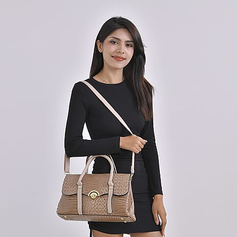 Designer Inspired Elegant Croc-Embossed Satchel Handbag - Khaki