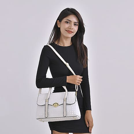 Designer Inspired- Elegant Croc-Embossed Satchel Handbag - Off-White